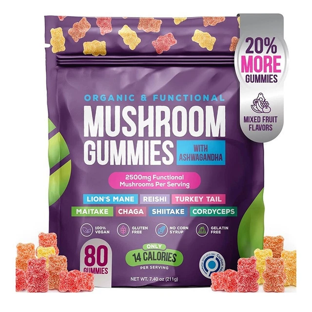 Endrological System MUSHROOM GUMMIES 2500MG 80 with Lion's Mane Ashwaghanda Brain and ...