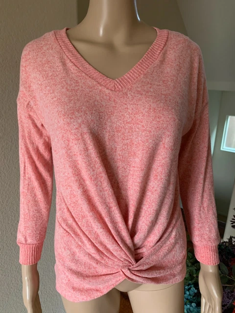 Poof Women's Size M Twist Front V-Neck Long Sleeve Pullover Sweater Pink
