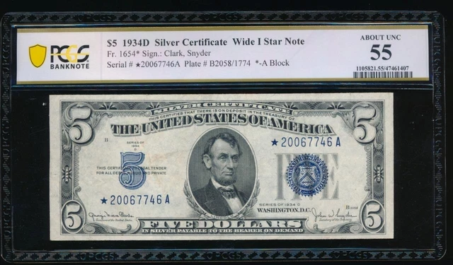 AC 1934D $5 Silver Certificate *star* PCGS 55 Wide I Face Fr 1654*