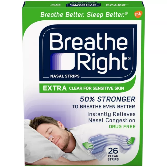 Breathe Right Extra Nasal Strips Clear Color for Sensitive Skin 26 Strips New