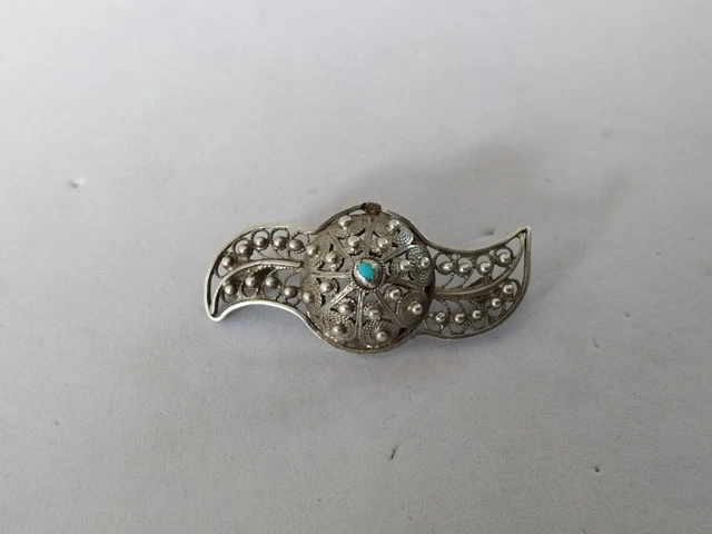 Broche Orientale Ancienne En Argent Massif Avec Turquoise Naturelle, Poinçons Présents - Occasion En Très Bon état