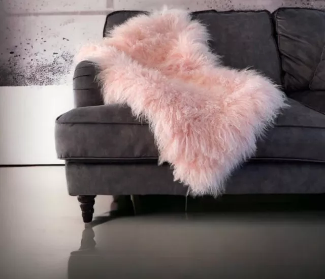 100% Mongolian Fur Sheepskin Rug/ Throw Curly Fur Sheep Fur Pink