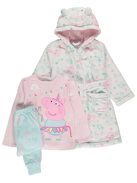 Kids Girls Peppa Pig Pyjamas and Dressing Gown 3-piece Set Size 1-6 years Pink