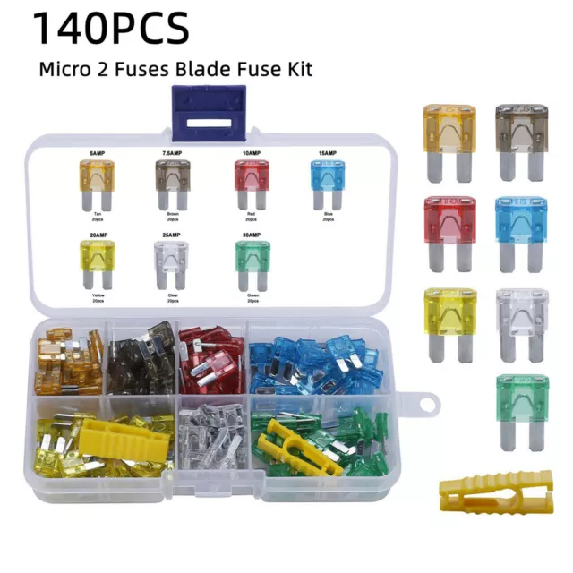 140pcs Micro2 Blade Fuse 5A 7.5A 10A 15A 20A 25A 30A Fuse Assortment Kit For Car