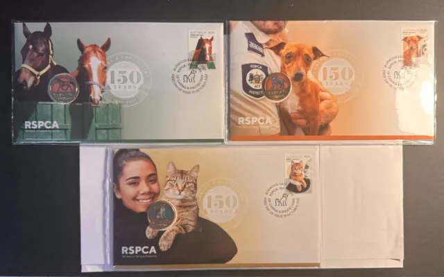 2021 Australia PNC RSPCA 150 Years Horse, Cat, Dog Set, $1 Dollar Coloured Coin