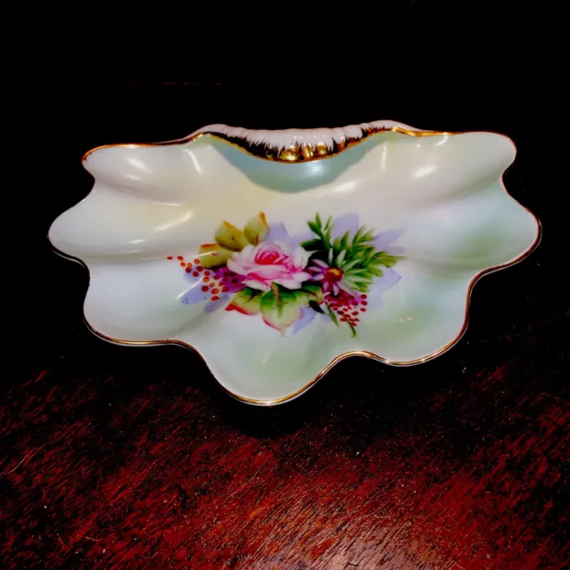 VTG Lefton China Hand Painted Floral Candy/Trinket Tray Soap Dish  Gold 5369