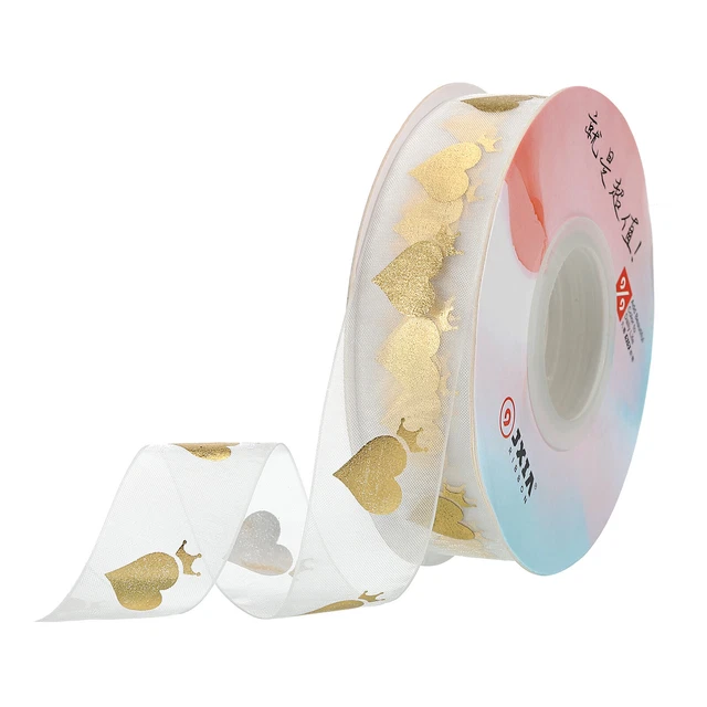Cinta de gasa transparente con cable de organza de 1 pulgada 10 yardas de ancho lámina de oro impresa en amor