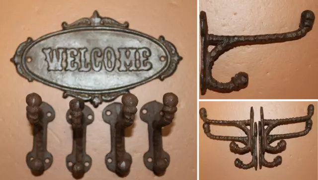 Farmhouse Entryway Coat Hooks / Welcome Plaque Cast Iron Set, Country Welcome