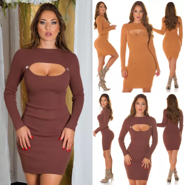 Vestito donna corto elegante in maglia manica lunga aderente sexy abito koucla d