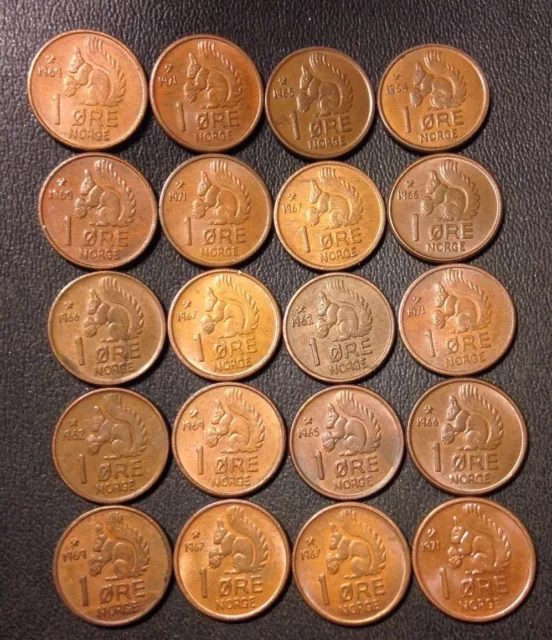 Vintage Norway Coin Lot - Ore - SQUIRREL SERIES - 20 Great Coins - Lot #D8