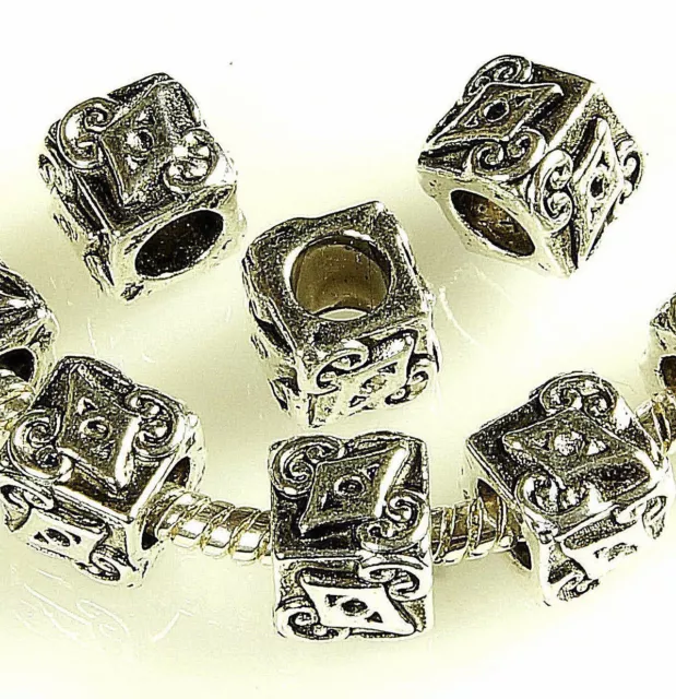 10 x CHARM METAL BEADS, EUROPEAN, CUBE TUBE , ANTIQUE SILVER, 8 MM, HOLE~5 MM