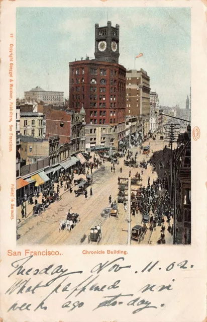 San Francisco CA Downtown c1902 Newspapers Chronicle Examiner Vtg Postcard A30