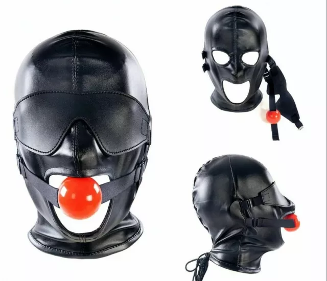 Removable Adult unisex PU Leather Head Harness Headgear Hood Blindfold Mask Prop