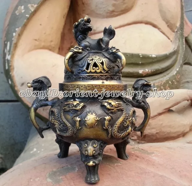 Chinese Old Bronze Gilt Dragon Foo Dog Lion Beast Statue Incense Burners Censer