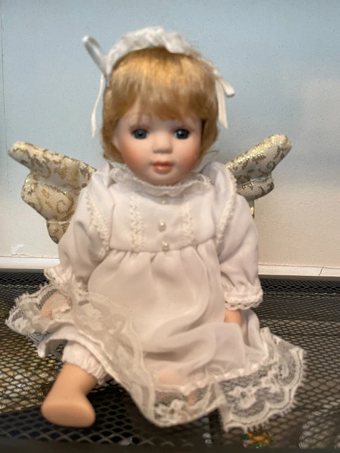 9" Porcelain Angel Baby Doll: Gold Wings, White Halo, White Dress, Blue Eyes