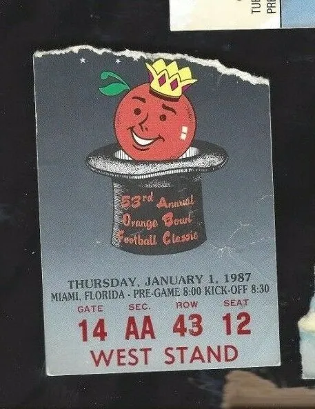 1987 Orange Bowl college football ticket Arkansas Razorbacks v Oklahoma Sooners