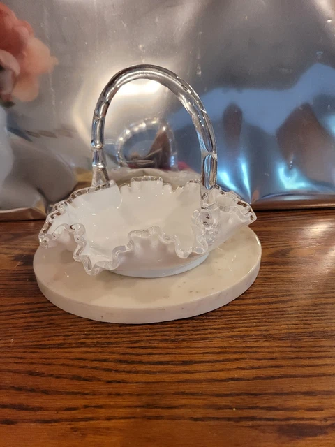 Vintage Fenton Basket Silver Crest Milk Glass Ruffled Edge Clear Applied Handle