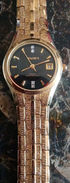 ELGIN EG186 DIAMOND Collection Gold Tone Date Black Dial Watch Water Resistant 37.99 PicClick