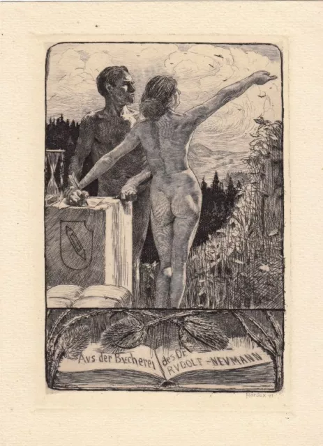 Exlibris Bookplate Radierung Bruno Heroux 1868-1944 Akt Stundenglas Distel