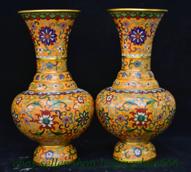 11.2" Marked Old Chinese Bronze Cloisonne Dynasty Flower Bottle Vase Pair