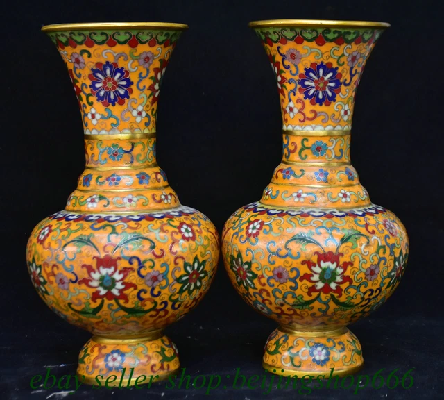 11.2" Marked Old Chinese Bronze Cloisonne Dynasty Flower Bottle Vase Pair