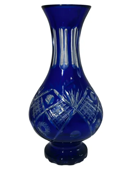 Bohemian Czech Cut to Clear Dark Cobalt Blue Glass Footed Vase 11.25" Tall