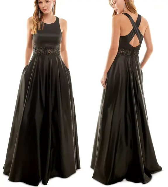 CITY STUDIOS Gown Juniors Size 5 Black Satin Illusion Rhinestone NWT $179 FLAWS!