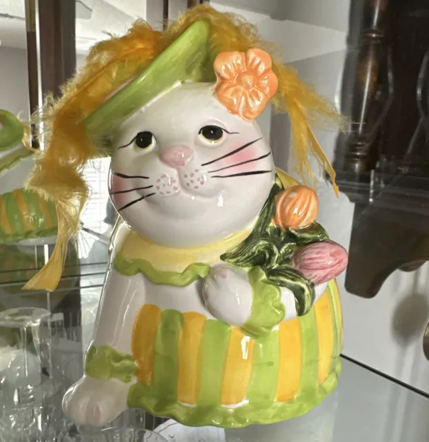 ADORABLE NANTUCKET FANCY YELLOW/GREEN CERAMIC CAT BANK HAND CRAFTED w/STOPPER