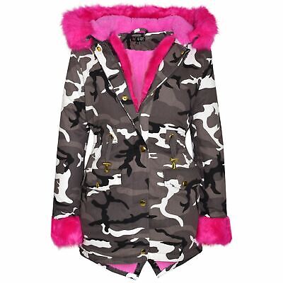 Kids Girls Camouflage Cerise Faux Fur Hooded Parka School Jackets Outwear Coats