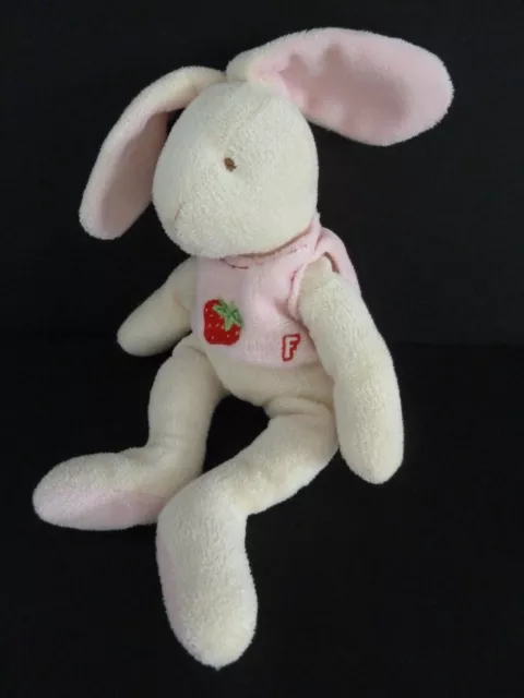 L99 - DOUDOU PELUCHE BABY NAT babynat' LAPIN  F FRAISE BLANC ROSE 23cm - TTBE