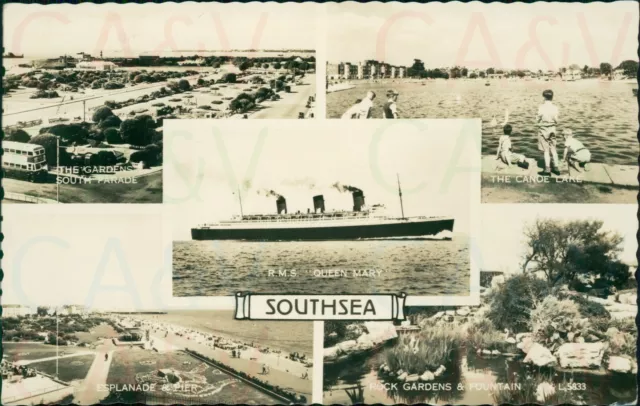 Southsea 5 Views RMS Queen Mary Canoe Lake etc 1958 Real Photo Valentine L5833