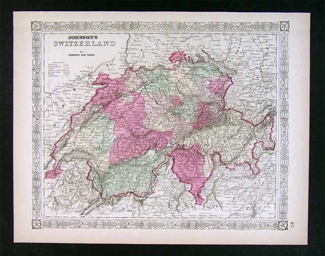 1866 Johnson Map - Switzerland - Lake Geneva Constance Zurich Lucern Swiss Alps