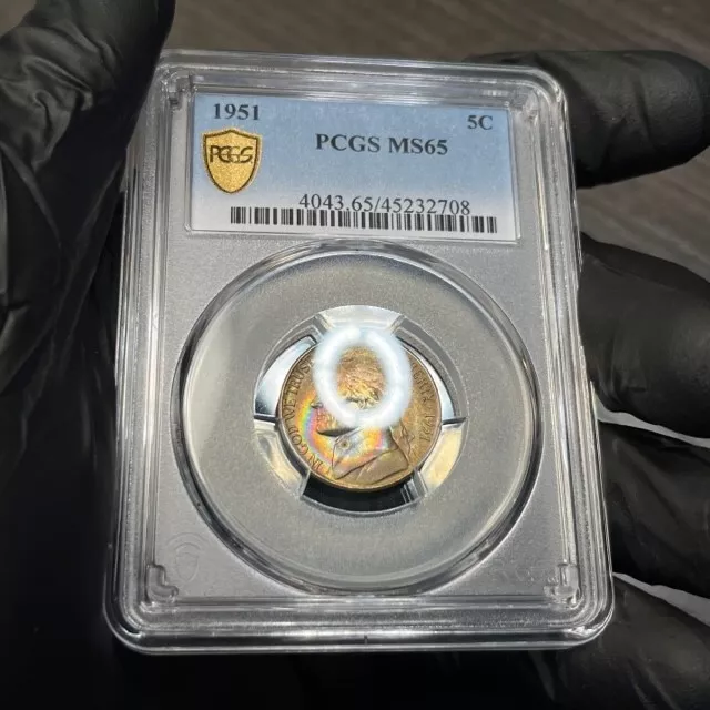 MS65 1951 5C Jefferson Nickel, PCGS Secure- Rainbow Toned 2