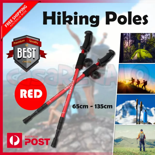 Hiking Trekking Poles Walking Stick Anti Shock Adjustable Camping Cane Red