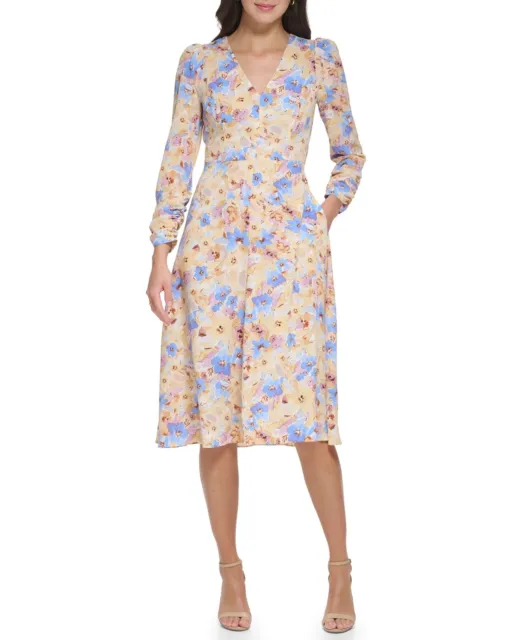 Vince Camuto Women's Floral-Print Cutout-Back Pebble-Crepe Midi Dress Size 4
