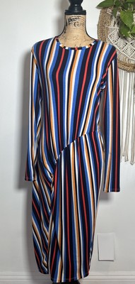 ZARA Red White Black Blue Striped Long Sleeve Ribbed Gathered Front Dress Sz Lg