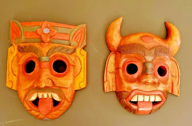 Vintage Thai wooden mask Warrior and Devil hand carved and painted