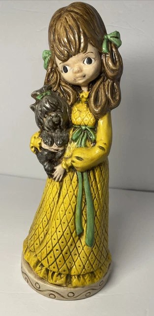 10 1/2” Tall Ceramic Girl Figurine in Yellow Dress Green Vintage 70s Puppy Dog