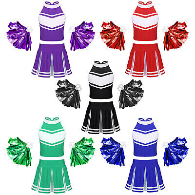 Girls Cheer Leader Costume Cheerleading Uniform Set Tank Top with Skirt Pom Poms