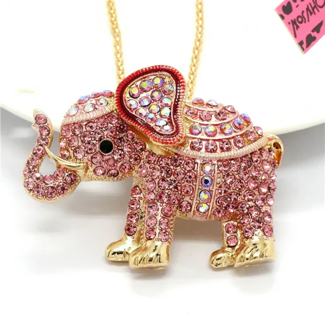 New Fashion Women Rhinestone Cute Pink Thai Elephant Crystal Pendant Necklace