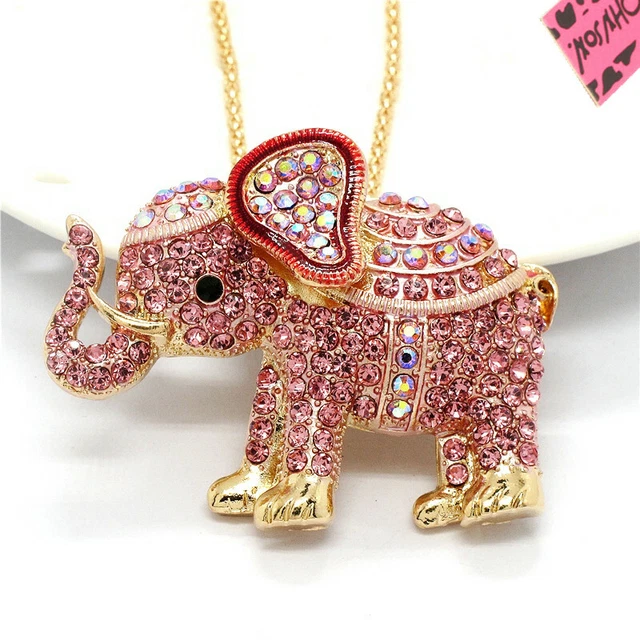 New Fashion Women Rhinestone Cute Pink Thai Elephant Crystal Pendant Necklace