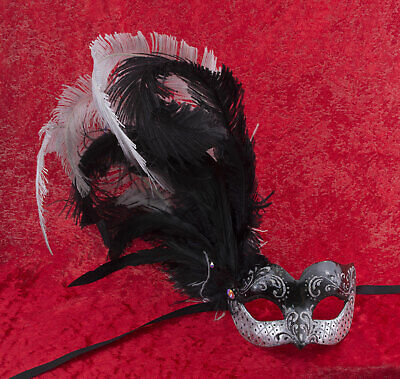 Mask from Venice Black Silver Colombine IN Feathers Ostrich Paper Mache 22515