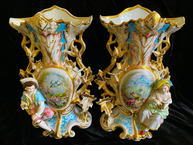 19th Century Pair Old Paris Porcelain Boy & Girl Birds Nest Figural Vases.