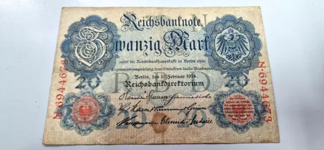 Reichsnote Zwanzig Mark 1914 sehr gut erhalten