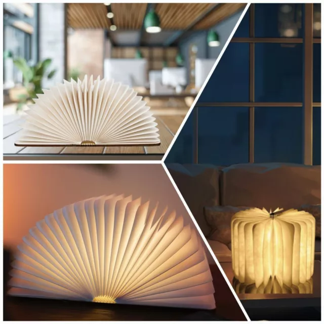 Foldable 3D Creative LED Book Night Light Wooden USB Rechargeable Lamp