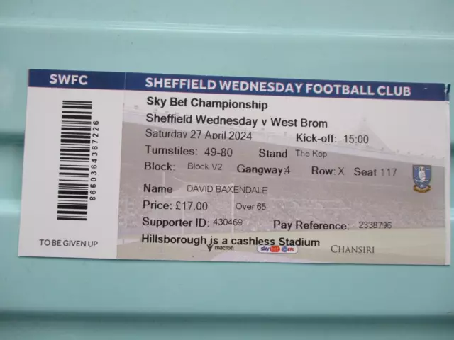 Used Ticket Sheffield Wednesday v West Bromwich Albion 2023-2024 Championship