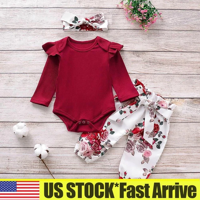 Girls Baby Newborn Floral Ruffle Romper Jumpsuit Tops+Pants+Headband Set Outfits