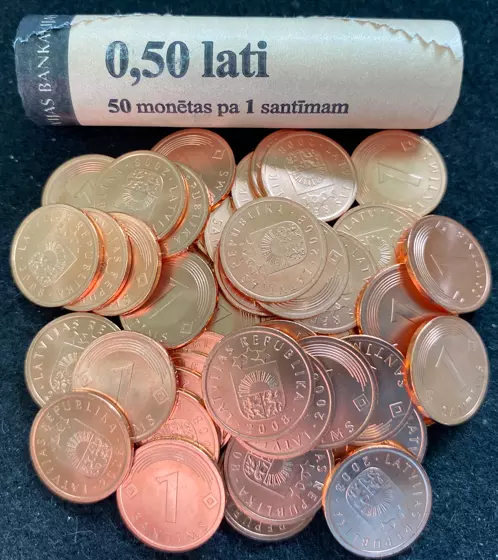 Latvia 1 Santim KM15 50 Coins Roll UNC World Coins