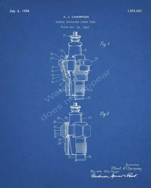 Automobile AC Spark Plug 1919 Albert Champion Patent Print - Blueprint