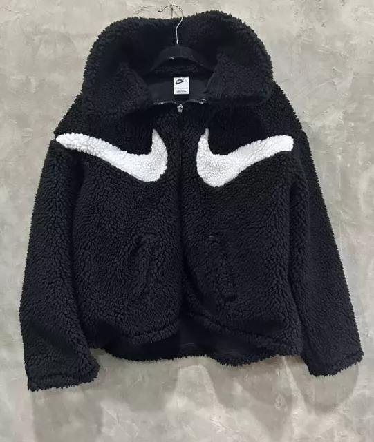 Nike Sherpa Fleece Black White Big Double Swoosh Womens Full Zip Coat Jacket S